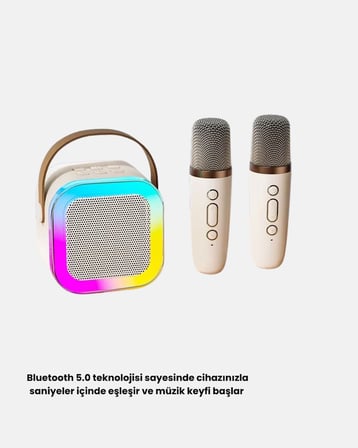 Karaoke Hoparlör Taşınabilir Çift Mikrofonlu ve LED Işıklı Bluetooth 5.0