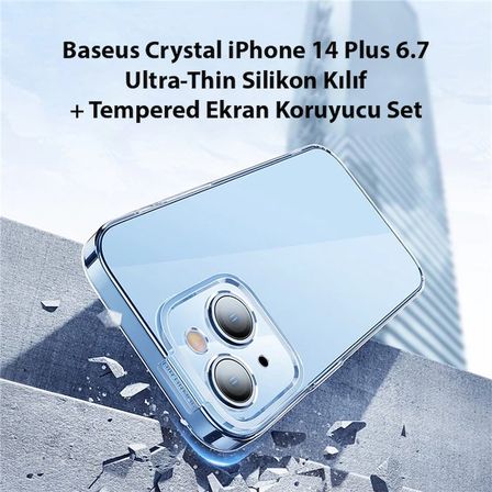 Baseus Crystal iPhone 14 Plus 6.7 Ultra-Thin Silikon Kılıf + Tempered Ekran Koruyucu Set-(5775)