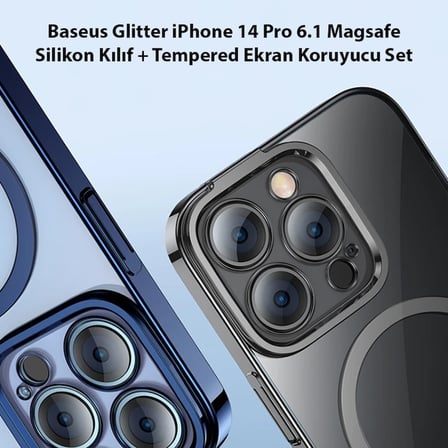 Baseus Glitter iPhone 14 Pro 6.1 Magsafe Silikon Kılıf + Tempered Ekran Koruyucu Set-(5775)