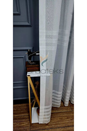 Elonora Gümüş Silver Ara Bantlı Şeritli Gümüş Simli Yeni 3Kat Pileli Tül Perde