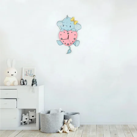 Sevimli Fil Ve Kalp Çocuk Odası Ahşap Duvar Saati Elf-2312030-3d