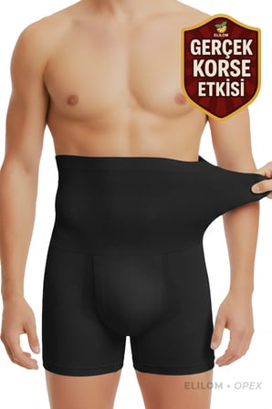 Korse Boxer Bel, Göbek, Karın Toparlayıcı ve Sıkılaştırıcı Yüksek Bel Korseli Bokser, Siyah - Opex