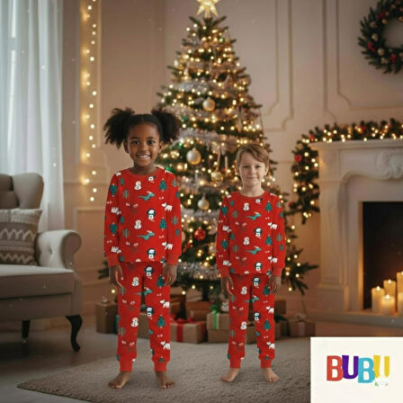 YILBAŞI BASKILI 2İPLİK KUMAŞ ALT ÜST UNİSEX ÇOCUK PİJAMA TAKIMI