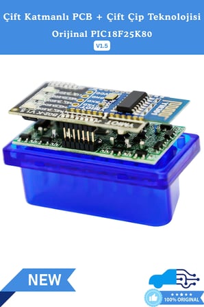 ELM327 V1.5 OBD2 Bluetooth Araç Arıza Tespit ve Silme Cihazı - Orijinal PIC18F25K80 Çift Çipli, IOS / Android / Windows Uyumlu