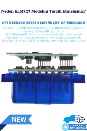 ELM327 V1.5 OBD2 Bluetooth Araç Arıza Tespit ve Silme Cihazı - Orijinal PIC18F25K80 Çift Çipli, IOS / Android / Windows Uyumlu