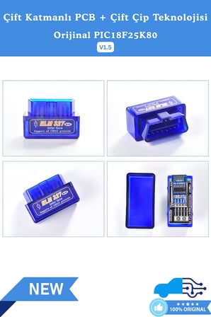 ELM327 V1.5 OBD2 Bluetooth Araç Arıza Tespit ve Silme Cihazı - Orijinal PIC18F25K80 Çift Çipli, IOS / Android / Windows Uyumlu
