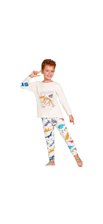 ELMPUP Ekru Dinazor Desenli %100 Pamuk Erkek Çocuk Pijama Takımı 1-13 Yaş 3101