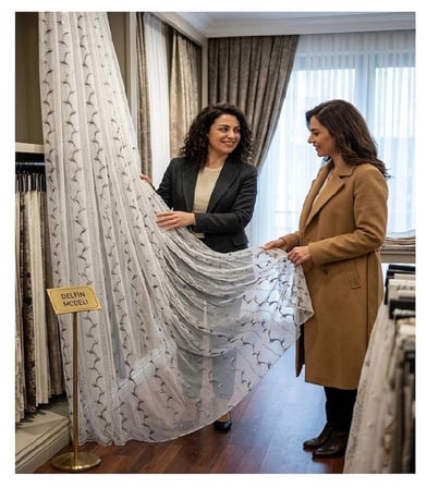 Taç Gri Siyah Nakışlı Tül Perde 300x240 cm 1/2 Pile