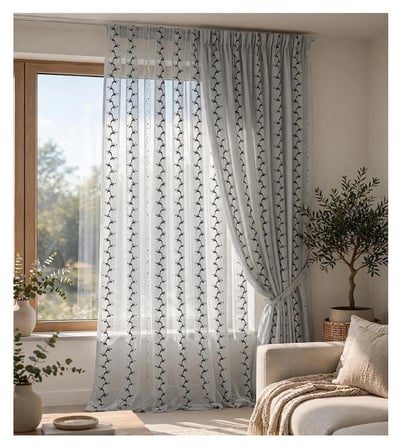 Taç Gri Siyah Nakışlı Tül Perde 300x240 cm 1/2 Pile