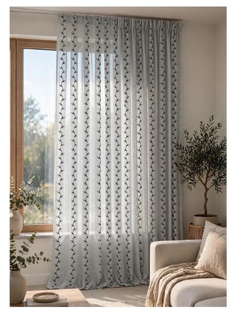 Taç Gri Siyah Nakışlı Tül Perde 300x240 cm 1/2 Pile