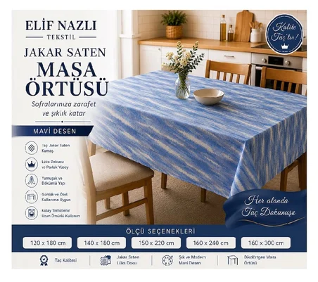 Elif Nazlı Tekstil Jakar Saten Masa Örtüsü İndigo Mavi 160 x 240 cm