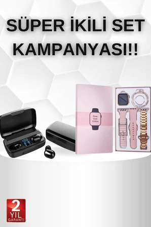 Wireless Şarjlı Pembe Akıllı Saat ve Kablosuz Bluetooth Kulaklık Dokunmatik Kon