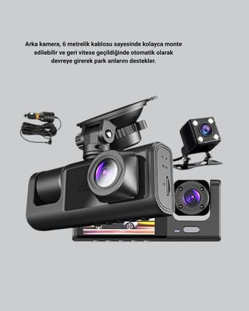 Üç Kameralı Araç İçi Kayıt Sistemi Full HD Gece Görüşlü ve G-Sensör Dest