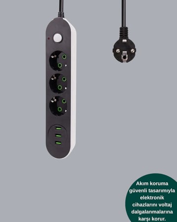 Hızlı Şarj Özellikli 3 USB Girişli Üçlü Priz