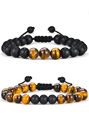 Sertifikalı Doğal Kaplan Gözü Oniks Taşı Doğal Taş Bileklik Seti Doğal Renk 