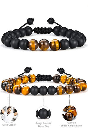 Sertifikalı Doğal Kaplan Gözü Oniks Taşı Doğal Taş Bileklik Seti Doğal Renk 