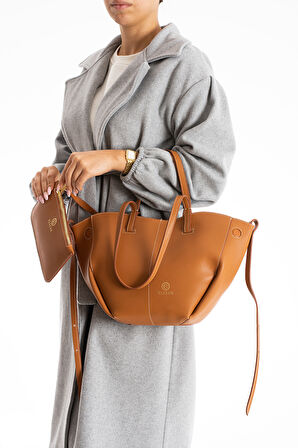 Elizan Kısa ve Uzun Askılı Cüzdanlı Açık Taba Omuz Çantası