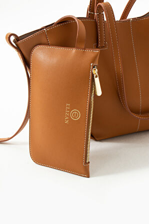 Elizan Kısa ve Uzun Askılı Cüzdanlı Açık Taba Omuz Çantası