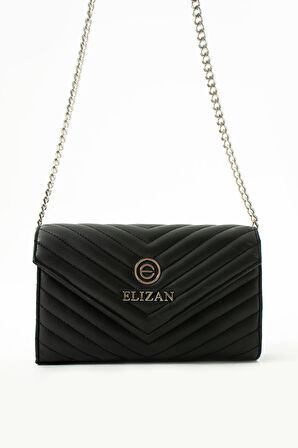 Elizan Zincirli V Desen Modern Siyah Çapraz Kadın Çantası 