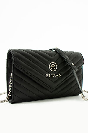 Elizan Zincirli V Desen Modern Siyah Çapraz Kadın Çantası 