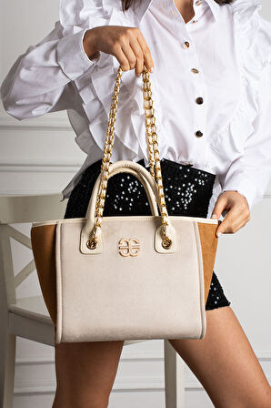 Elizan Geniş iç Hacimli Zincirli Tasarım Bej/Taba Süet Kadın Çantası