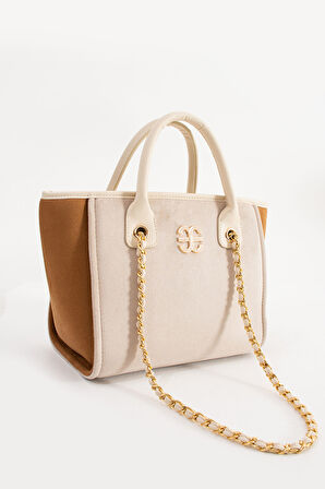Elizan Geniş iç Hacimli Zincirli Tasarım Bej/Taba Süet Kadın Çantası