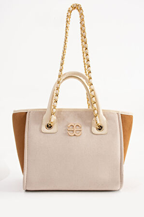 Elizan Geniş iç Hacimli Zincirli Tasarım Bej/Taba Süet Kadın Çantası