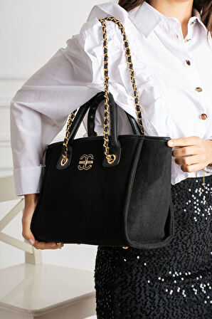 Elizan Geniş iç Hacimli Zincirli Tasarım Siyah Süet Kadın Çantası