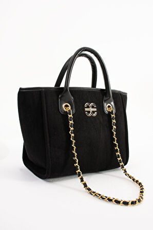 Elizan Geniş iç Hacimli Zincirli Tasarım Siyah Süet Kadın Çantası