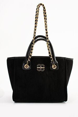 Elizan Geniş iç Hacimli Zincirli Tasarım Siyah Süet Kadın Çantası