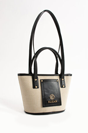 Elizan Mini Kova Modern Bej/Siyah Keten Çapraz Kadın Çantası