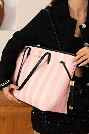 Elizan Geniş İç Hacimli Pudra Çizgili Shopping Kadın Omuz Çantası
