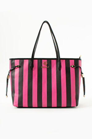 Elizan Geniş İç Hacimli Fuşya/Siyah Çizgili Shopping Kadın Omuz Çantası
