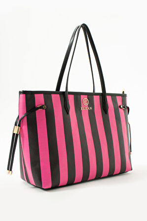 Elizan Geniş İç Hacimli Fuşya/Siyah Çizgili Shopping Kadın Omuz Çantası