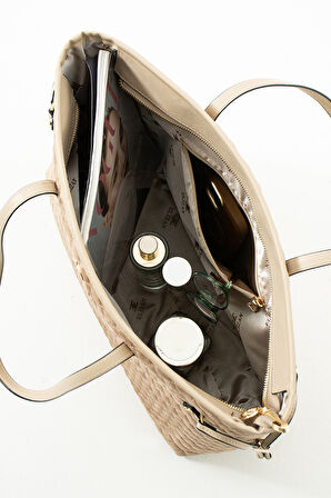 Elizan Geniş İç Hacimli Fuşya/Siyah Çizgili Shopping Kadın Omuz Çantası