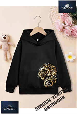 Kız/Erkek Çocuk Beyaz Kapüşonlu ''YANDAN KAPLANXX'' Baskılı Sweatshirt
