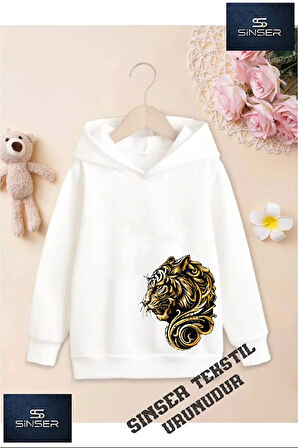 Kız/Erkek Çocuk Beyaz Kapüşonlu ''YANDAN KAPLANXX'' Baskılı Sweatshirt