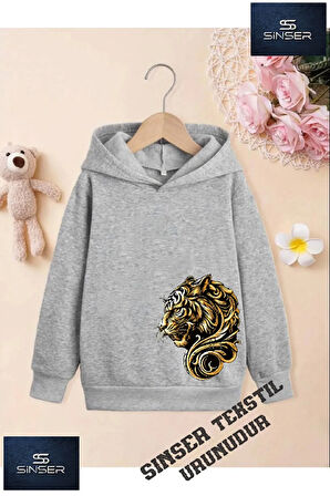 Kız/Erkek Çocuk Beyaz Kapüşonlu ''YANDAN KAPLANXX'' Baskılı Sweatshirt