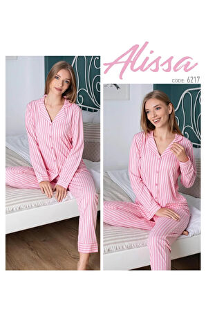 Pembe Çizgili Onden Dugmeli Pijama Takımı