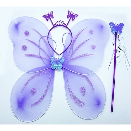 Lila Mor Kelebek Kız Seti – 50 cm Kelebek Kanadı, Taç ve Asa