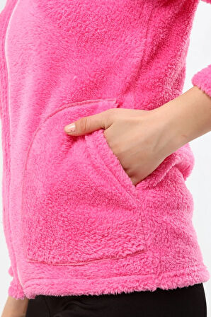 Peluş Kapüşonlu Pembe Mont