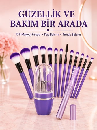 Kadın Makyaj ve Kişisel Bakım Seti 12’li Mor Makyaj Fırçası Kaş Düzeltici ve Manikür Tırnak Bakım Seti