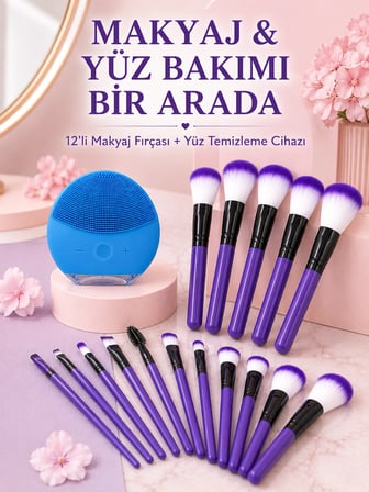 Makyaj ve Yüz Bakım Seti 12’li Mor Makyaj Fırçası Silikon Yüz Temizleme ve Cilt Bakım Cihazı