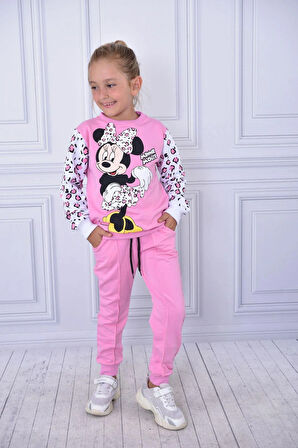 Kolları Leopar Desenli Minnie Mouse Baskılı Kız Çocuk Şardonlu Takım