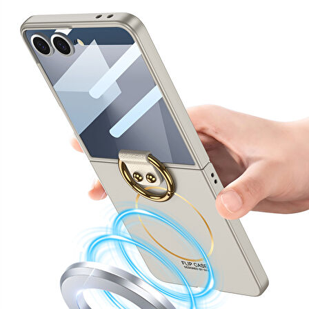 Teleplus Samsung Galaxy Z Flip 7 Kılıf Manyetik Şarj Özellikli Yüzüklü Sert Kıpta Kapak