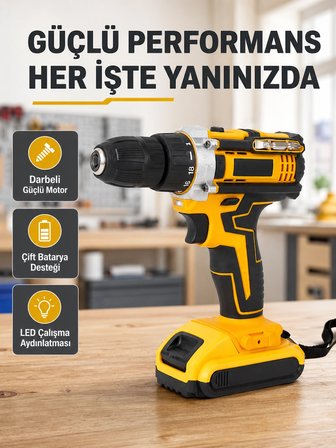Çift Bataryalı Darbeli Şarjlı Matkap Seti – Metal Dişli, 24 Parça Aksesuar ve LED Işıklı