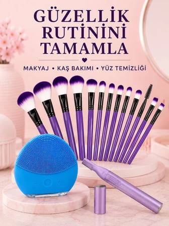 Kadın Güzellik Seti 12’li Mor Makyaj Fırçası Kaş Düzeltici ve Silikon Yüz Temizleme Cihazı Cilt Bakım Seti