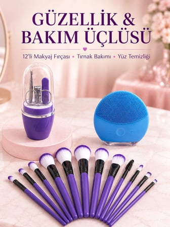 Kadın Makyaj ve Kişisel Bakım Seti 12 Parça Makyaj Fırçası Silikon Yüz Temizleyici Manikür Pedikür Tırnak Seti