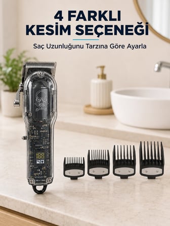 Saç Kesme ve Tıraş Makinesi 4 Kılavuz Taraklı Ayarlanabilir Bıçaklı LCD Ekranlı Şarj Edilebilir Profesyonel Tasarım