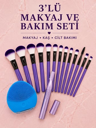 3’lü Makyaj ve Cilt Bakım Seti 12 Parça Makyaj Fırçası Kaş Alma Düzeltme ve Silikon Yüz Temizleme Cihazı